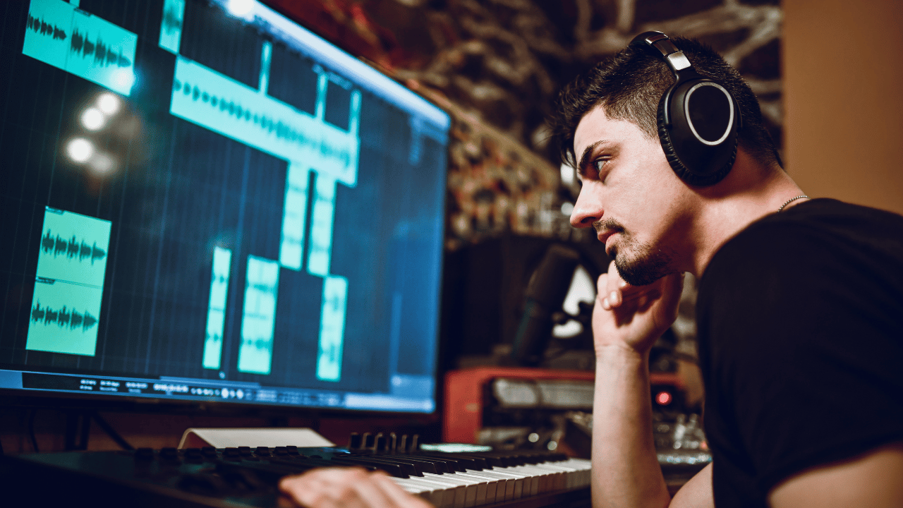 A music producer listens critically to a mix in his DAW