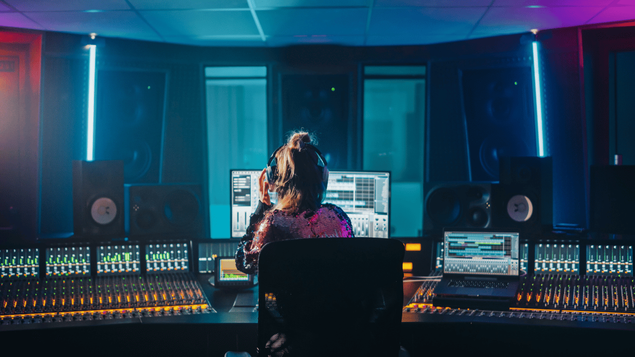 A music producer mixing with a DAW in a recording studio
