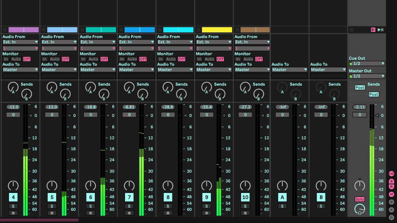 Ableton Live's Session View showing faders and audio levels