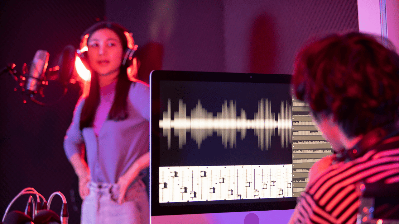 A music producer records a singer in his home studio with a DAW