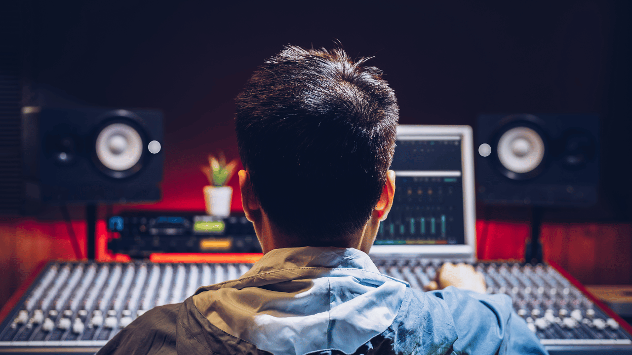 A music producer working on a song with a singer in a recording studio 